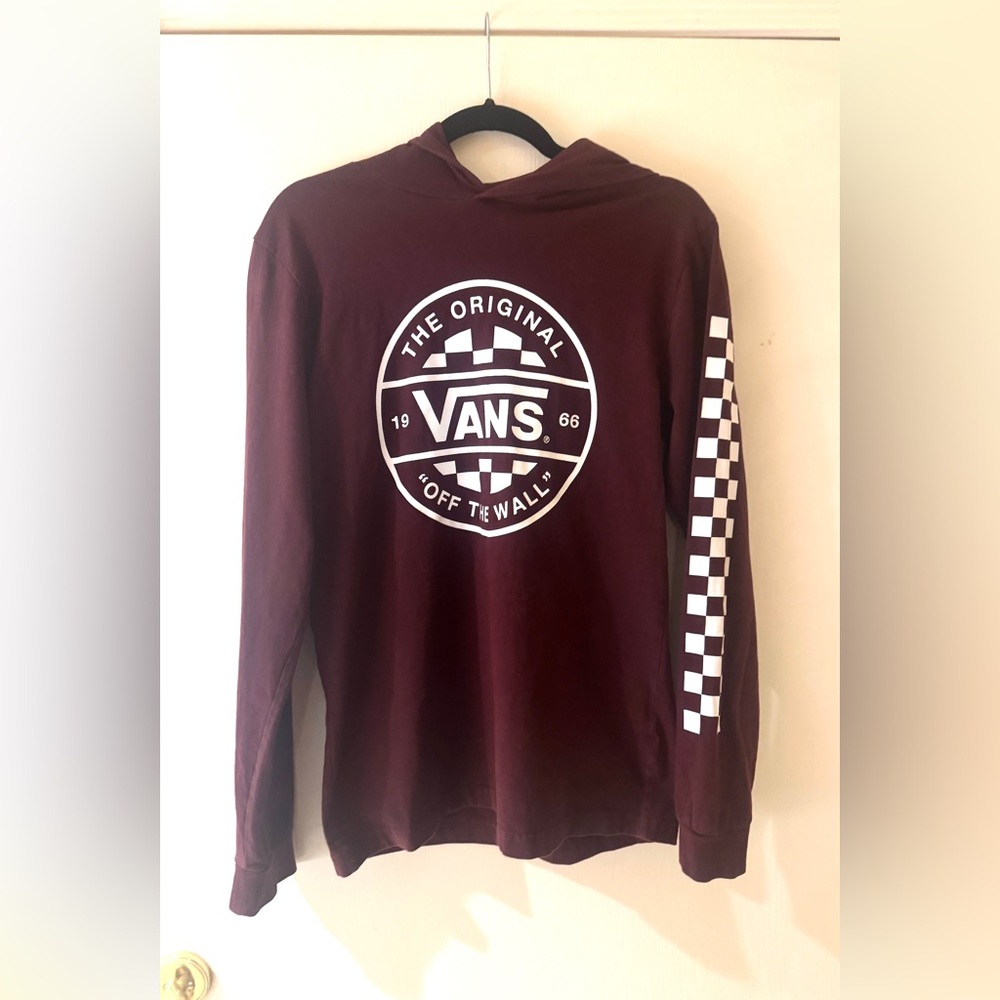 Vans Men's Maroon Hoodie with Checkered Sleeve